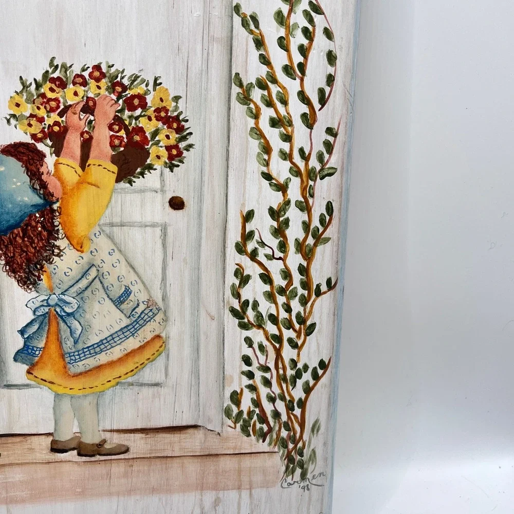 Vintage Hand Painted Wood Wall MirrorFolk Art Girl Flower Basket Ivy